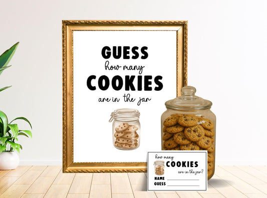 Decorative wall art with a jar of cookies and text 'Guess how many cookies are in the jar' on a white wall.
