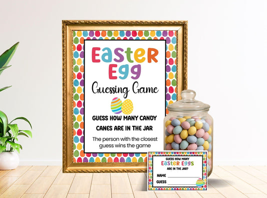 Easter egg guessing game sign with candy jar on a wooden floor.