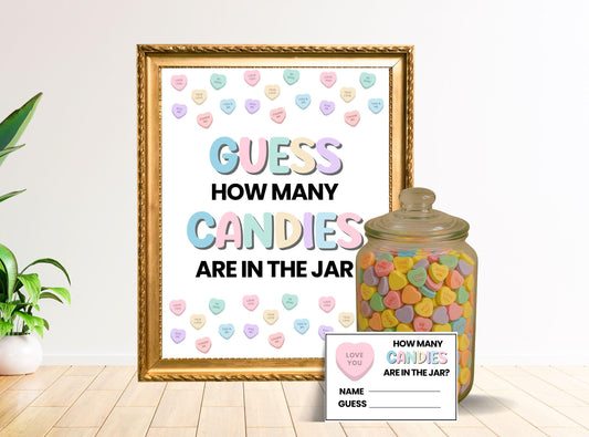 Decorative wall art with a jar of candies and a question card on a light wooden floor.
