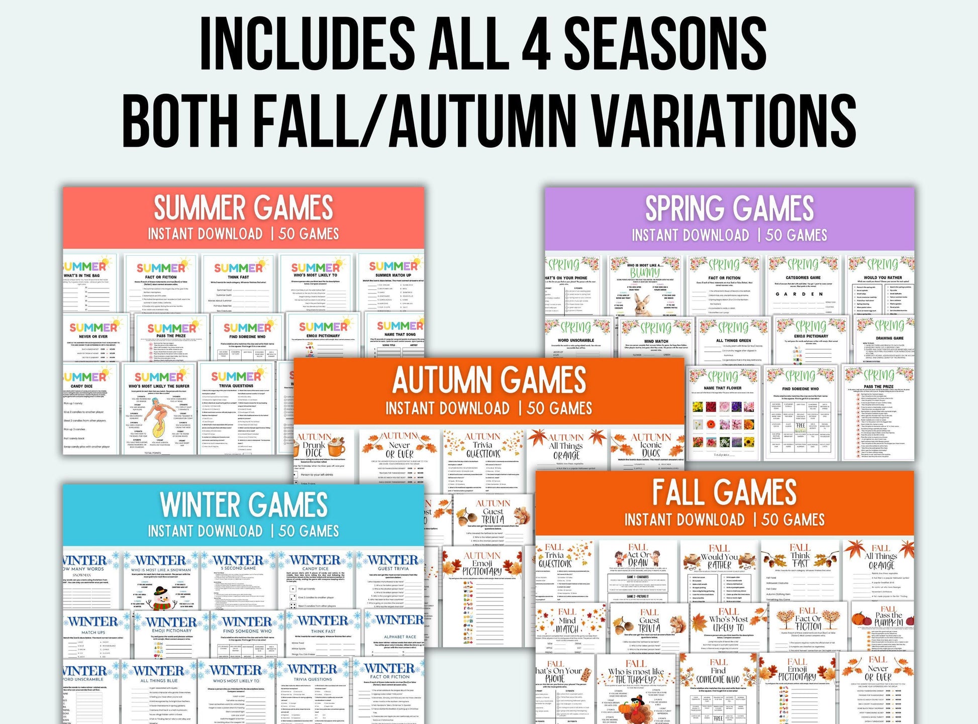 Collection of educational games for different seasons including Summer, Spring, Autumn, and Fall.