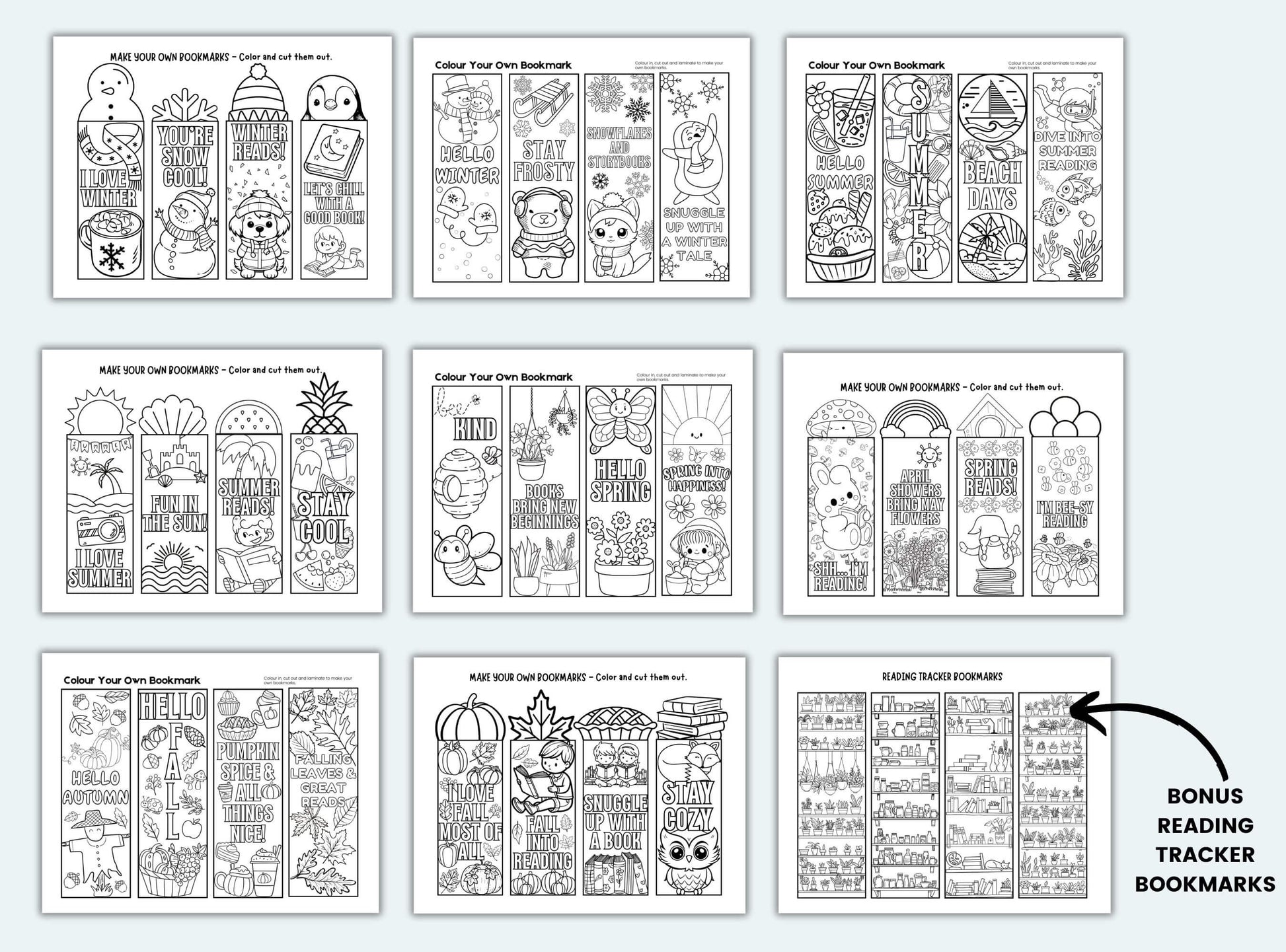 Printable Four Season Colouring Bookmarks