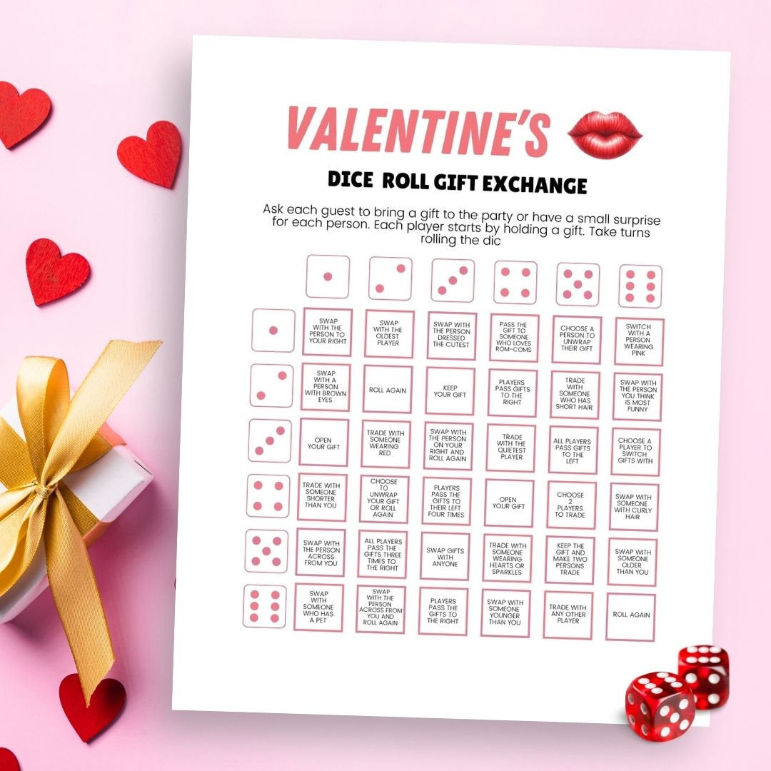 Valentine's Day Dice Roll Gift Exchange Game - Simplify Create Inspire